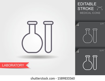 laboratory glassware. Linear medical symbols with editable stroke with shadow