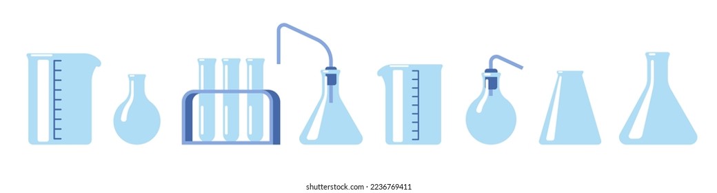 Vasos de laboratorio para investigación científica médica. Equipo de experimentación de biología y química. Baterapia química y matraz. Vidrio medidor. Botella con cuentagotas. Vector