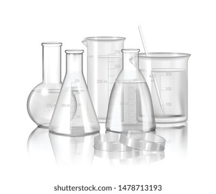 Laboratory glassware monochrome composition  with flasks and beakers on smooth reflective surface realistic vector Illustration