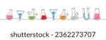 Laboratory glassware one line colored continuous drawing. Round bottom flask, filter funnel, buchner flask, glassware continuous one line illustration