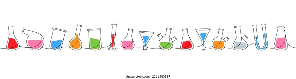 Laboratory glassware one line colored continuous drawing. Conical flask, beaker, round bottom flask, filter funnel continuous one line illustration.