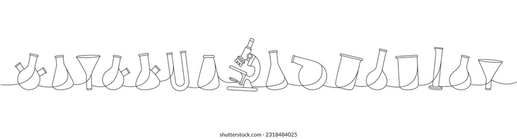 Laboratory glassware one line continuous drawing. Conical flask, glass beaker, graduated cylinder, round bottom flask, filter funnel, microscope