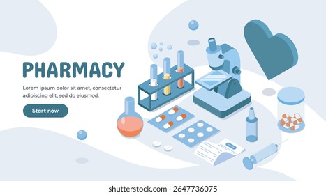 Material de vidro de laboratório, comprimidos, seringa e microscópio em um ambiente de farmácia com fundo azul suave, representando pesquisa farmacêutica e assistência médica. Ilustração vetorial
