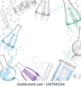 Laboratory glassware realistic background with frame from flasks test tubes and retorts on smooth reflective surface vector Illustration