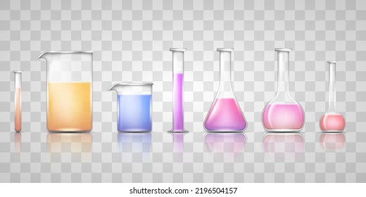 Laboratory glassware. Realistic flask, beaker, bulb and tubes with colorful liquid chemicals isolated. Measuring medical equipment for experiments and testing. Vector illustration