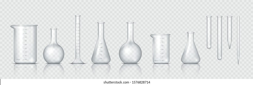 Laboratory glassware. Realistic lab beaker, glass flask and other chemical containers, 3D measuring medical equipment. Vector set tool for chemistry experiments or biotechnology testing