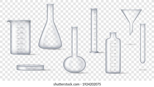 Laboratory glassware. Realistic lab beaker, glass flask and other chemical containers, 3D measuring medical equipment. Set of tools for chemistry experiments. Vector illustration