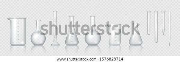 Laboratory\
glassware. Realistic lab beaker, glass flask and other chemical\
containers, 3D measuring medical equipment. Vector set tool for\
chemistry experiments or biotechnology\
testing