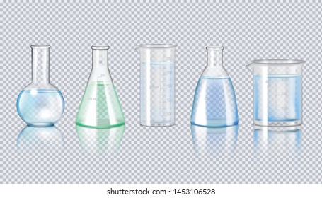 Laboratory glassware realistic set of flask beaker retort on transparent background isolated vector Illustration