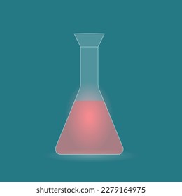 Vidrio de laboratorio con líquido rojo sobre un fondo azul-verde. Ilustración vectorial del estilo de glifmorfismo.