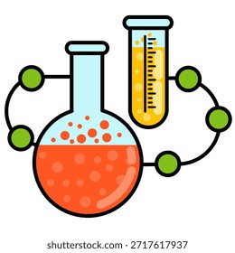 Cristalería de laboratorio con tubo de ensayo de matraz redondo y estructura molecular