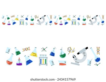 Laboratory glassware seamless pattern. Chemical reagents in glass bottles and rest tubes and flasks. Medical lab equipment. Scientific research tools. Doodle vector cartoon isolated background