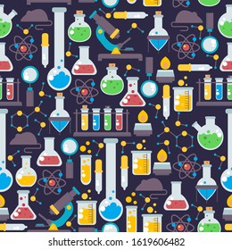 Laboratory glassware seamless pattern, vector illustration. Chemistry lab research icons in flat style, chemical flask emblems. Science lab items, pharmacy and medicine studying. Wrapping paper design