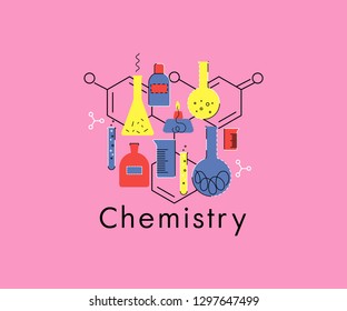 Laboratory Glassware. Set of chemical glassware. Chemical formula. Vector illustration