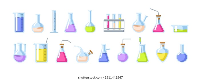 Conjunto de cristalería de laboratorio. Matraces, vasos de precipitados y tubos de ensayo. Diferentes envases de vidrio químico para experimentos científicos. Equipo de laboratorio de química. Ilustración vectorial plana aislada sobre fondo blanco