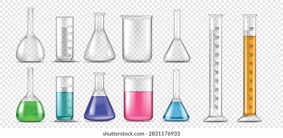 Laboratory glassware set with flasks, beakers, test tubes and cylinders containing colorful liquids. Transparent chemistry equipment collection for science and education. Vector illustration