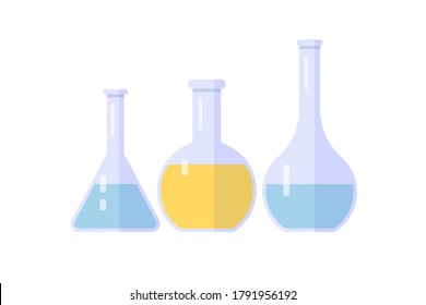 Laboratory glassware set isolated on white background. Flasks filled with colored liquids. Equipment for chemical experiments and science. Flat vector illustration.
