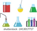 Laboratory glassware. Laboratory test tubes, a vial with a dropper, a measuring cup. Beakers with different reagents.