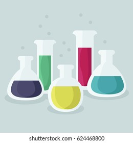 Laboratory glassware with various liquids - vector illustration