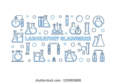 Laboratory Glassware vector concept blue outline horizontal illustration on white background