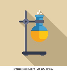 Objetos de vidro para laboratório com solução amarela borbulhando no suporte de suporte com sombra longa