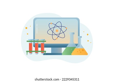Laboratory gradient icons concept scene in the flat cartoon style. Flasks with chemical liquids and a computer for fixing observations. Vector illustration.