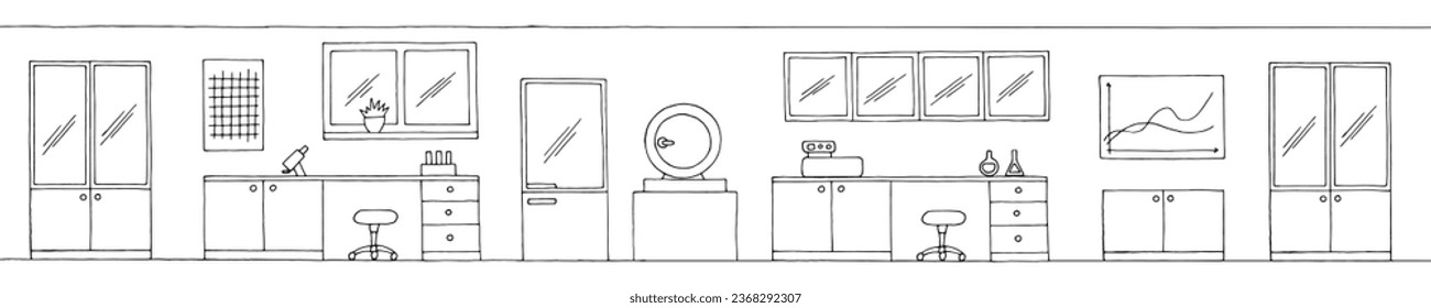 Laboratory graphic black white interior long sketch illustration vector 