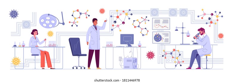 In the laboratory, a group of scientists conducts experiments. A doctor looks through a microscope in a laboratory and conducts a study. Researchers are working on a new generation of vaccines. svg