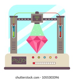 Laboratory grown diamond. 3D printer creates jewelry stones. Vector concept flat illustration.