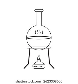 Instalación de calefacción de laboratorio con frasco de fondo redondo e ilustración del quemador