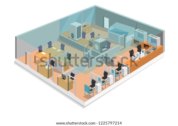 Laboratory. The hospital is divided into\
working areas.Including blood chamber.Blood Separation Room, Blood\
Bank Room, Office Room, and Central Laboratory,Isometric design,\
vector art and\
illustration.