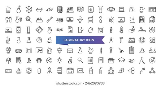 Colección de icono de laboratorio. Relacionado con experimento, tubo de prueba, microscopio, matraz, químico, biología, investigación, laboratorio y más. Conjunto de iconos de vector de línea.