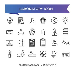 Colección de icono de laboratorio. Relacionado con experimento, tubo de prueba, microscopio, matraz, químico, biología, investigación, laboratorio y más. Conjunto de iconos de vector de línea.