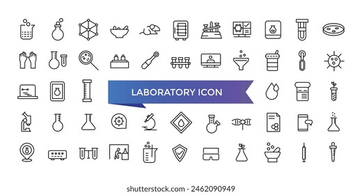 Colección de icono de laboratorio. Relacionado con experimento, tubo de prueba, microscopio, matraz, químico, biología, investigación, laboratorio y más. Conjunto de iconos de vector de línea.