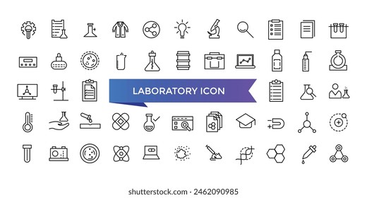 Colección de icono de laboratorio. Relacionado con experimento, tubo de prueba, microscopio, matraz, químico, biología, investigación, laboratorio y más. Conjunto de iconos de vector de línea.