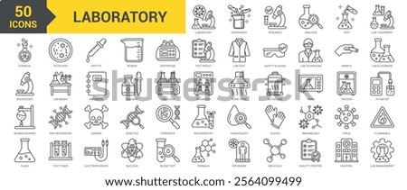 Laboratory icon collection set. Containing experiment, research, formula, analysis, test, equipment, chemical, microscope, bunsen burner, flask, petri dish, pipette, beaker icon. Simple line vector