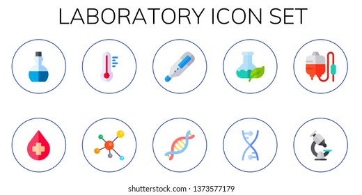 laboratory icon set. 10 flat laboratory icons.  Simple modern icons about  - potion, blood donation, thermometer, molecule, dna, flask, blood transfusion, microscope