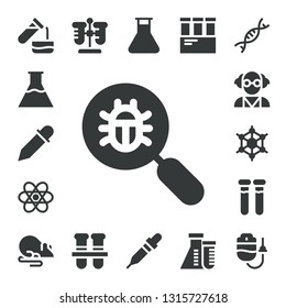 laboratory icon set. 17 filled laboratory icons.  Collection Of - Test tube, Flasks, Eyedropper, Virus search, Chemistry, Mad scientist, Graphene, Test tubes, Rat, Flask, Pipette