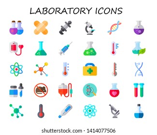 laboratory icon set. 30 flat laboratory icons.  Collection Of - potions, medical, hub, microscope, dna, potion, blood donation, flask, vaccine, thermometer, science, molecule