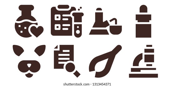 laboratory icon set. 8 filled laboratory icons.  Collection Of - Filter, Love potion, Research, Science, Tweezers, Flask, Microscope, Eye dropper