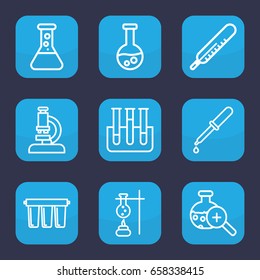Laboratory icon. set of 9 outline laboratory icons such as thermometer, pipette, test tube, test tube search, filter