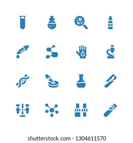 laboratory icon set. Collection of 16 filled laboratory icons included Elixir, Dropper, Molecule, Test tube, Flask, Dna, Microscope, Blood donation, Disease, Potion