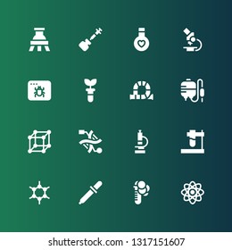 laboratory icon set. Collection of 16 filled laboratory icons included Physics, Test tube, Eyedropper, Molecules, Microscope, Dna, Blood transfusion, Tube, Infected, Elixir, Vaccine