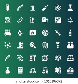 laboratory icon set. Collection of 36 filled laboratory icons included Medical, Blood transfusion, Flask, Tube, Thesis, Test tube, Atomic, Molecules, Dna, Pipette, Blood sample