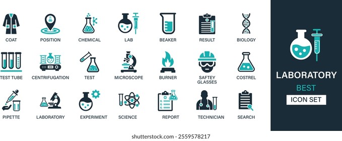 Laboratory icon set collection. Coat, position, chemical, lab, beaker, result, biology, test tube, microscope, burner, costrel, search and best solid icon set.