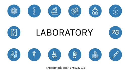 laboratory icon set. Collection of Physics, Dna, Microscope, Tube, Dropper, Blood type, Eyedropper, Vaccine, Thermometer, Hospital, X ray icons
