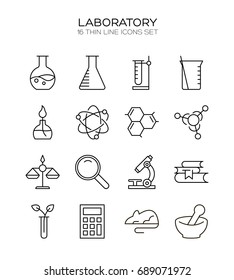 Laboratory icon set. Collection of science thin line icons. 16 high quality outline logo of lab on white background. Pack of symbols for design website, mobile app, printed material, etc.