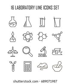 Laboratory icon set. Collection of science thin line icons. 16 high quality outline logo of lab on white background. Pack of symbols for design website, mobile app, printed material, etc.