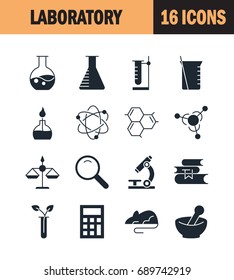 Laboratory icon set. Collection of science silhouette icons. 16 high quality logo of lab on white background. Pack of symbols for design website, mobile app, printed material, etc.