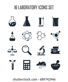 Laboratory icon set. Collection of science silhouette icons. 16 high quality logo of lab on white background. Pack of symbols for design website, mobile app, printed material, etc.